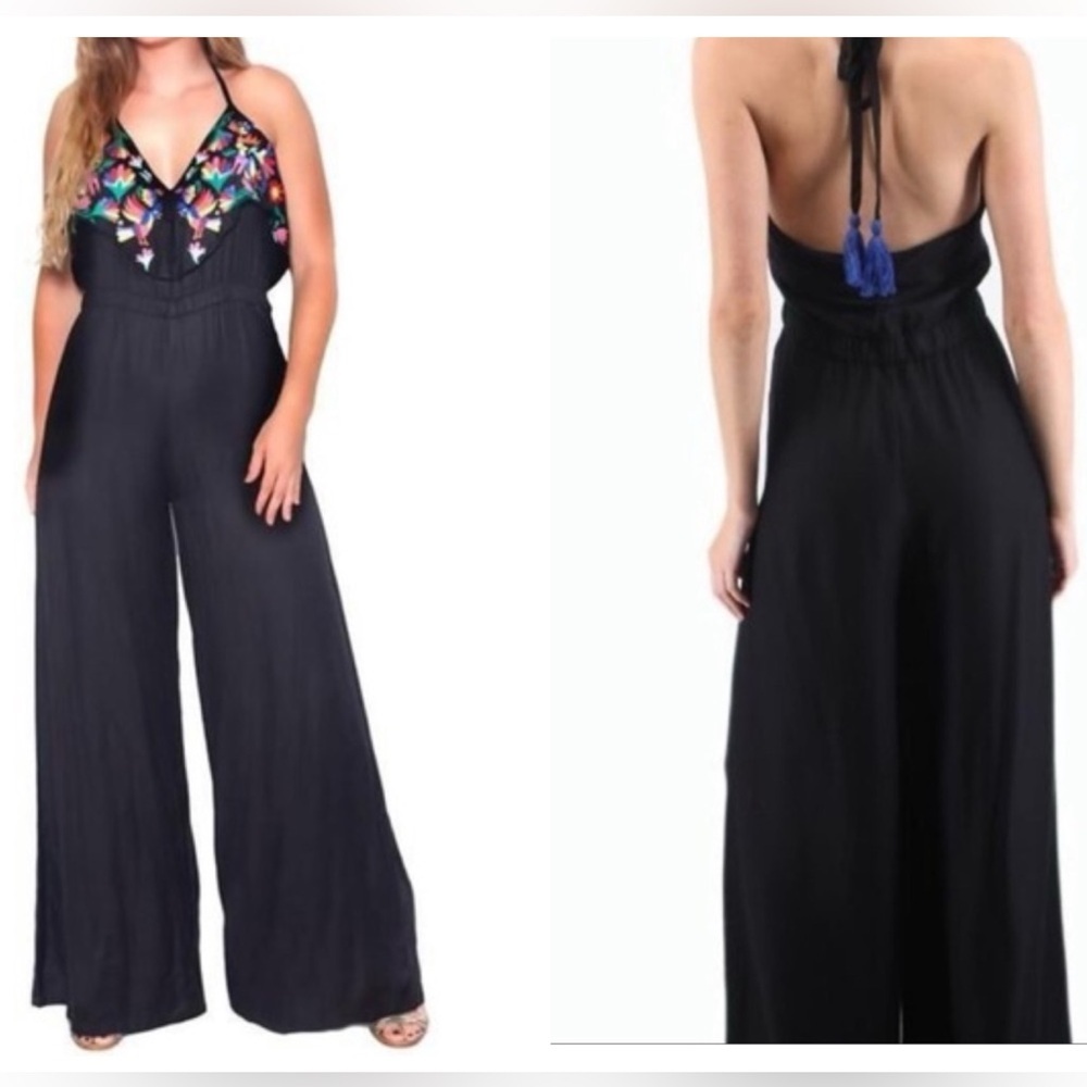 Judith March black halter neck jumpsuit with colorful embroidery Size Small